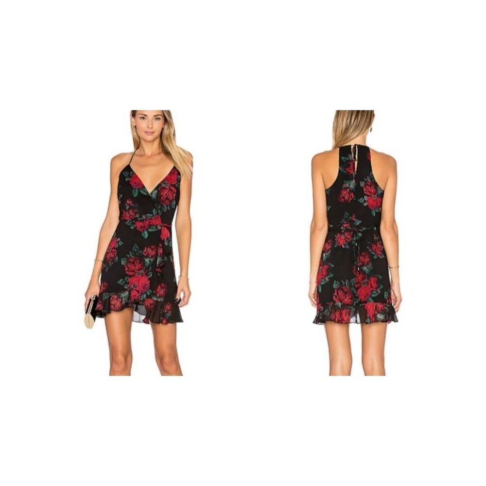 LOVERS + FRIENDS Women Rose Print Gigi‎ Wrap Mini Dress Sz L Black Red 62-9 - Picture 2 of 14